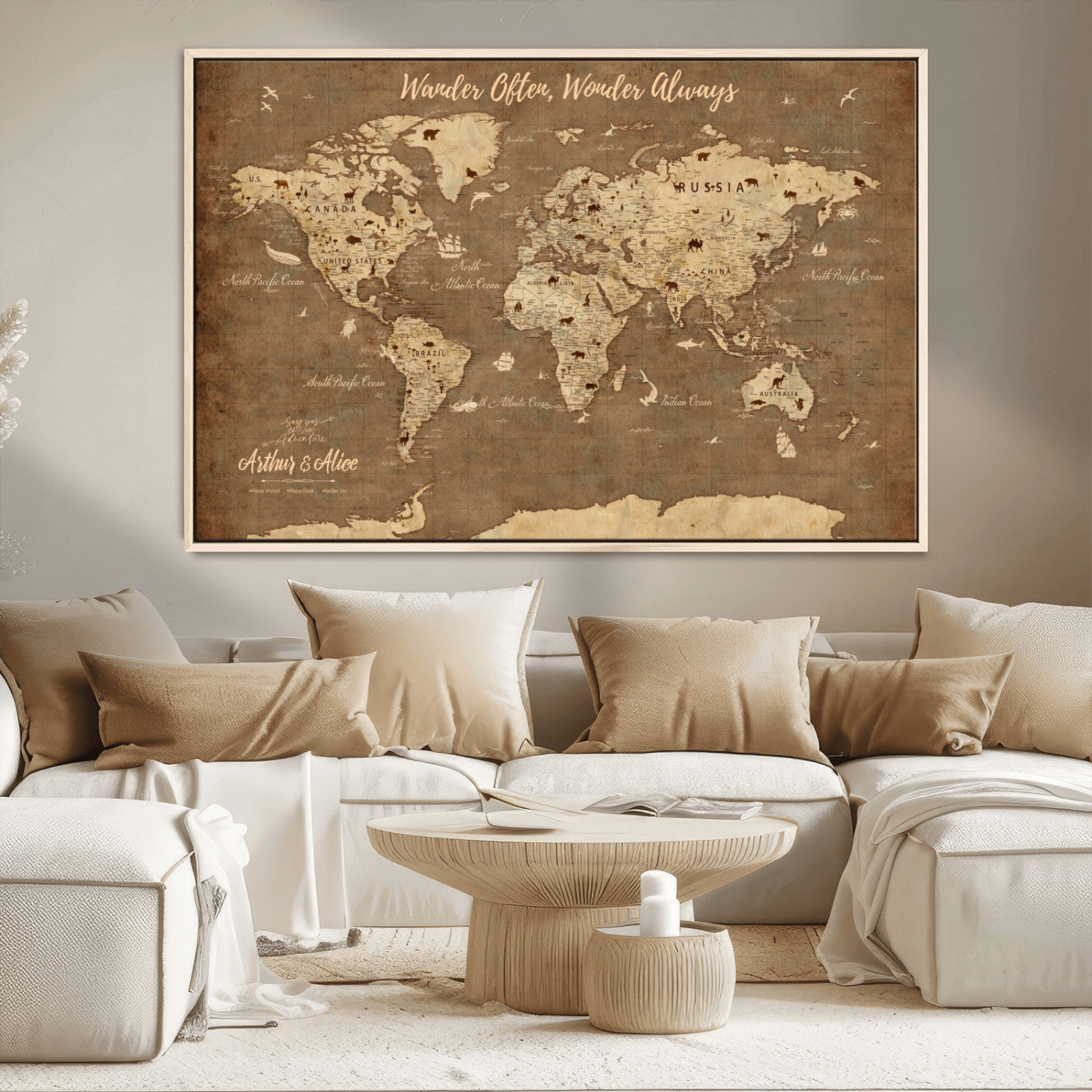 MGV-FC-36X24 - Personalized World Map Wall Art Canvas Print – Custom Push Pin Travel Map for Couples, Families, or Office Décor