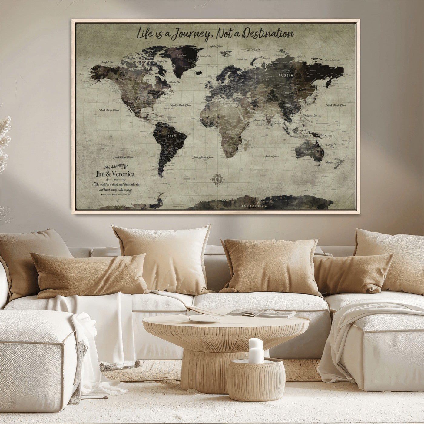 MGV-FC-36X24 - Personalized World Map Wall Art Canvas Print – Custom Push Pin Travel Map for Couples, Families, or Office Décor