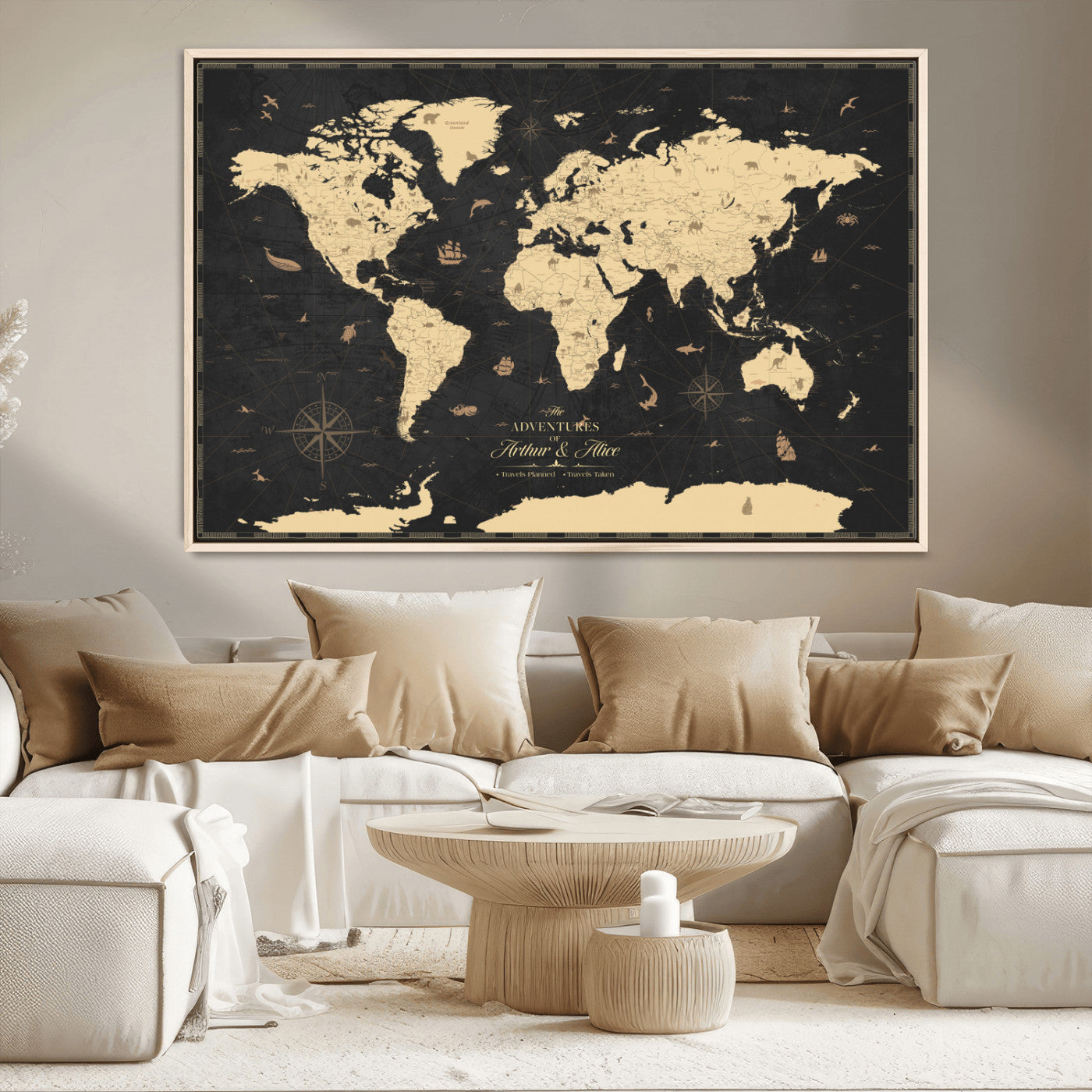 MGV-FC-36X24 - Personalized World Map Wall Art Canvas Print – Custom Push Pin Travel Map for Couples, Families, or Office Décor