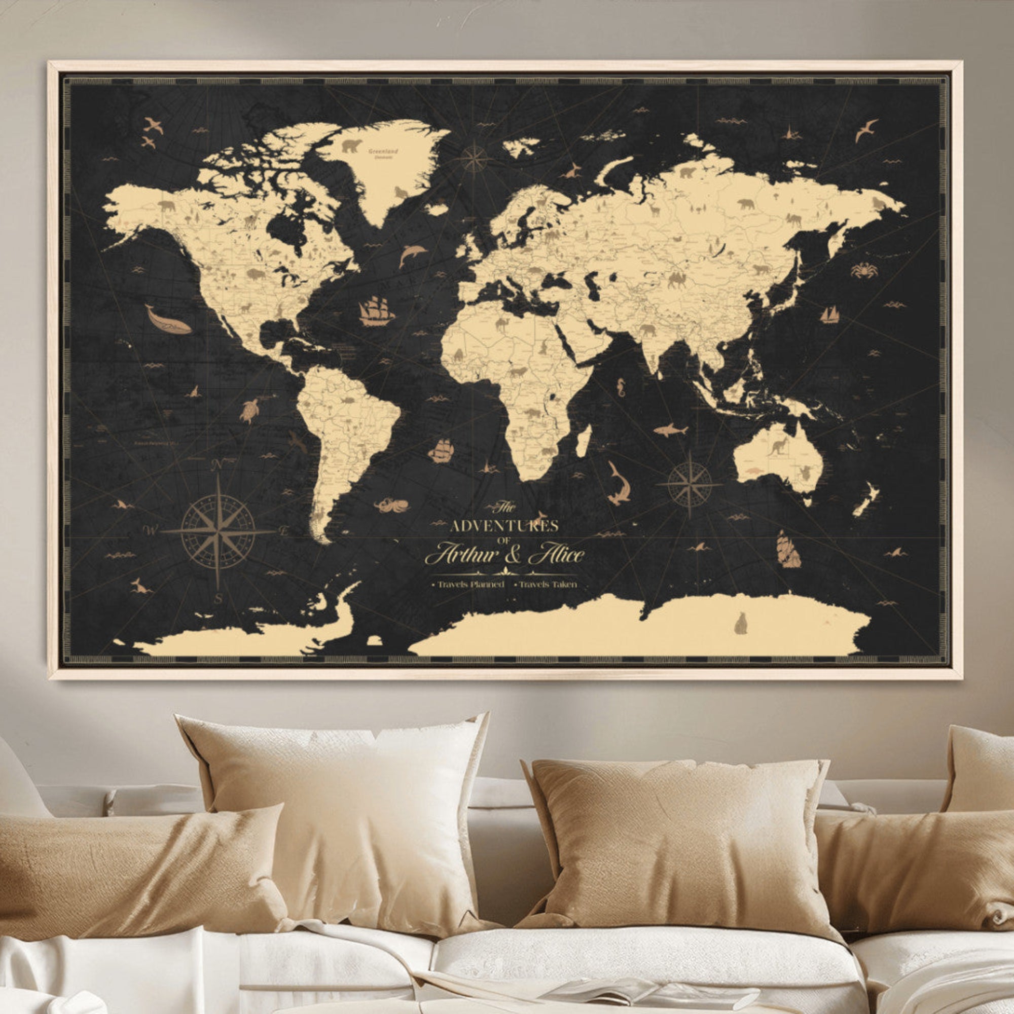 MGV-FC-36X24 - Personalized World Map Wall Art Canvas Print – Custom Push Pin Travel Map for Couples, Families, or Office Décor