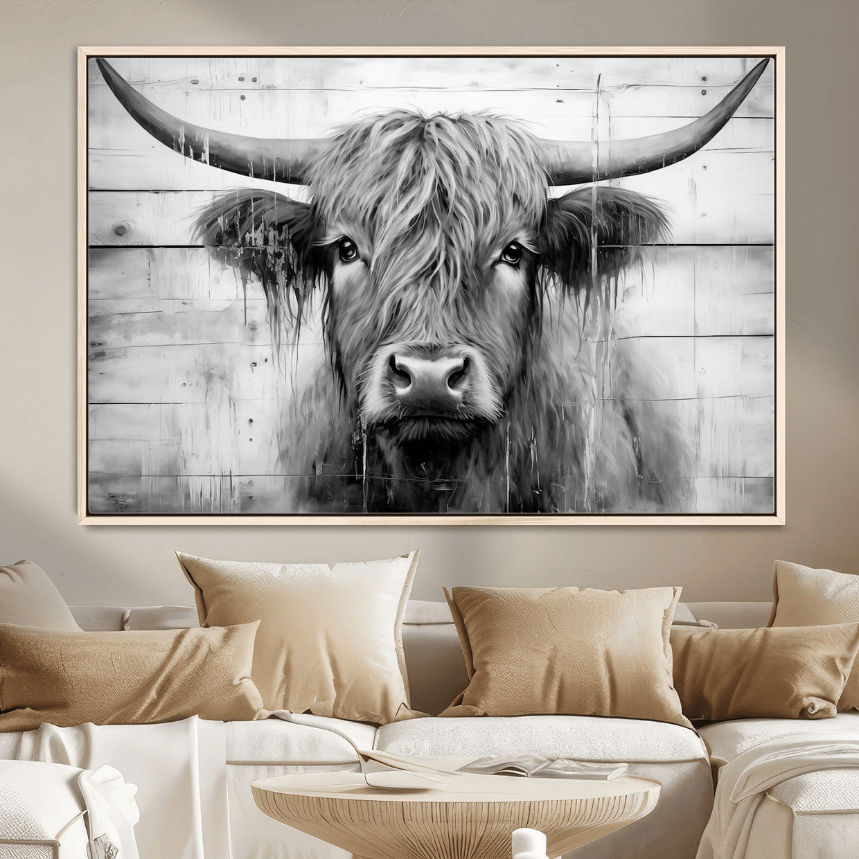 1001HASAN27-MGV-FC-36X24 - Black White Highland Cow Wall Art Canvas Print