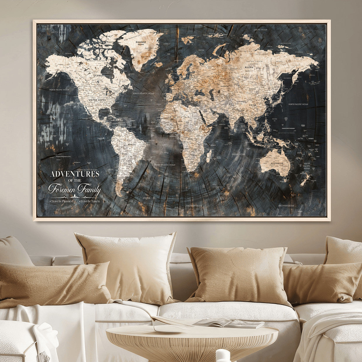 58265369-MGV-FC-36X24 - Customized Push Pin World Map Wall Art Canvas Print with Pins, Personalized Travel Tracker Map, Framed World Map for Living Room, Office and Home Decor
