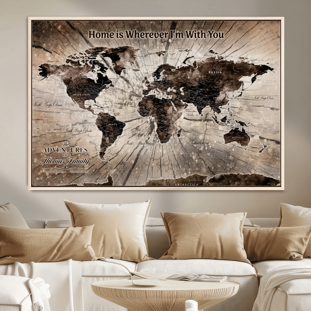 72371980-MGV-FC-36X24 - Personalized World Map Wall Art – Customizable Push Pin Framed Canvas Print Unique Travel Decor for Home, Office