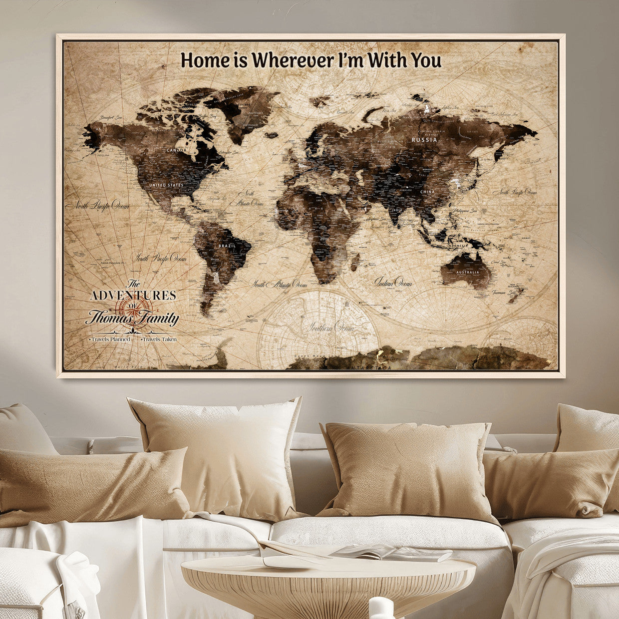 31398786-MGV-FC-36X24 - Personalized World Map Wall Art – Custom Framed Push Pin Travel Tracker Canvas Print Unique Gift for Home, Office