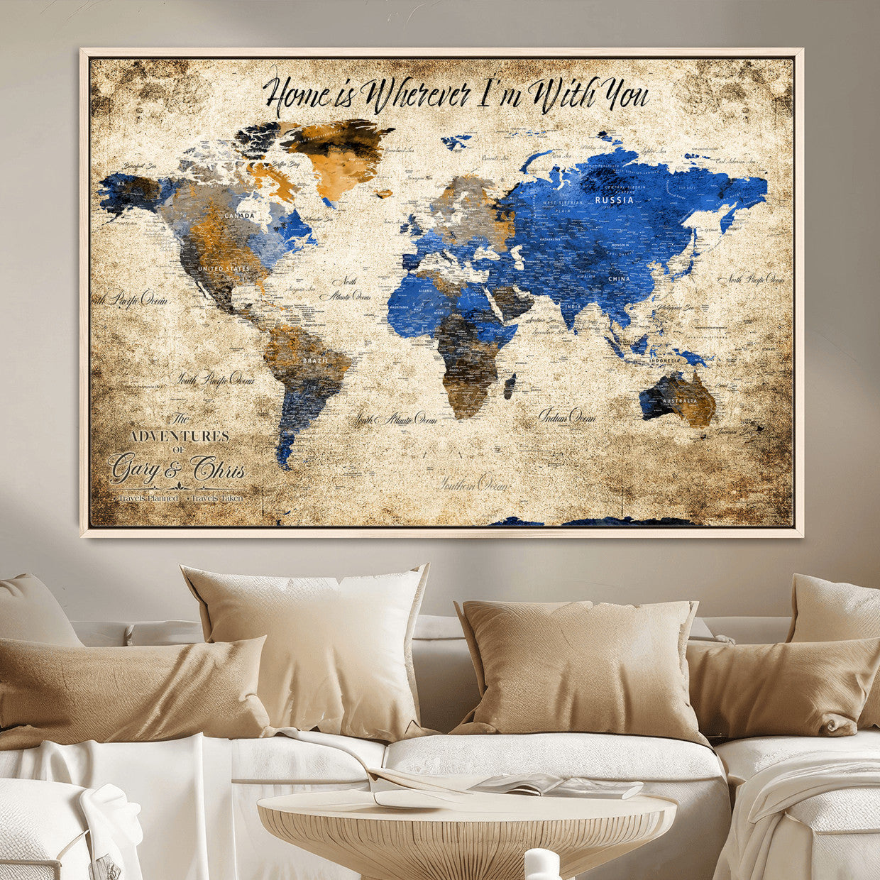 20854758-MGV-FC-36X24 - Personalized Push Pin World Map Canvas Print – Custom Framed Travel Tracker Artwork with Pins for Home and Office Decor