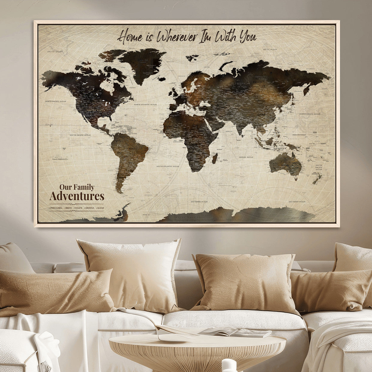 57979837-MGV-FC-36X24 - Personalized Push Pin World Map Canvas Print – Custom Framed Travel Tracker Wall Art Large Map Artwork for Home, Office