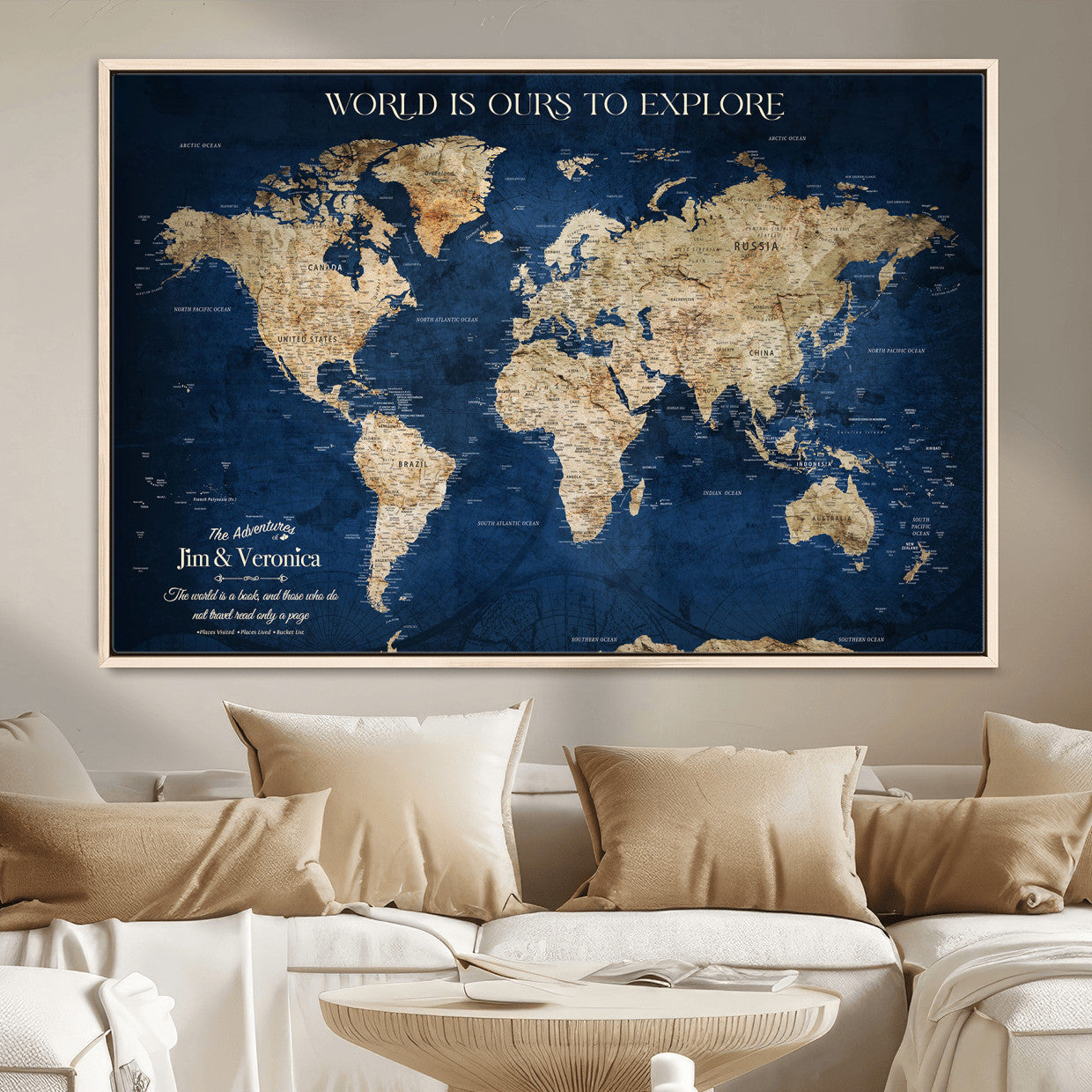 33364828-MGV-FC-36X24 - Personalized World Map Wall Art – Custom Framed Push Pin Travel Tracker Canvas Print Unique Gift for Home, Office