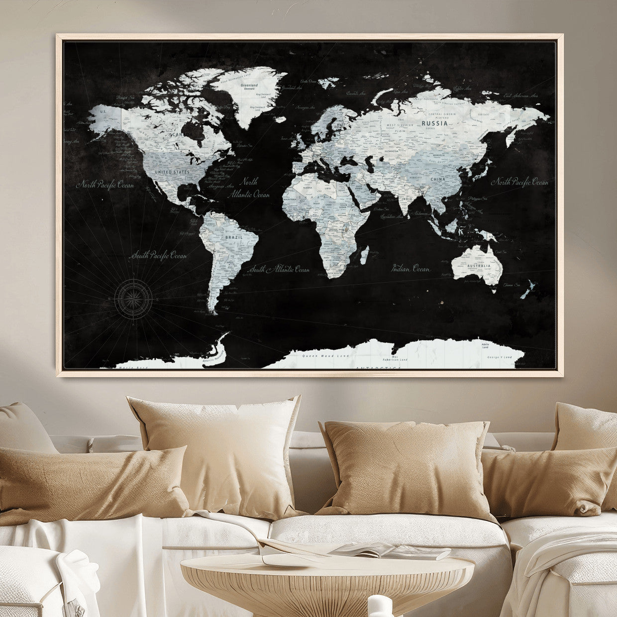 30759283-MGV-FC-36X24 - World Map Wall Art Canvas Print, Modern Decorative Framed Map Artwork Prints for Living Room, Office, Bedroom Wall Decor