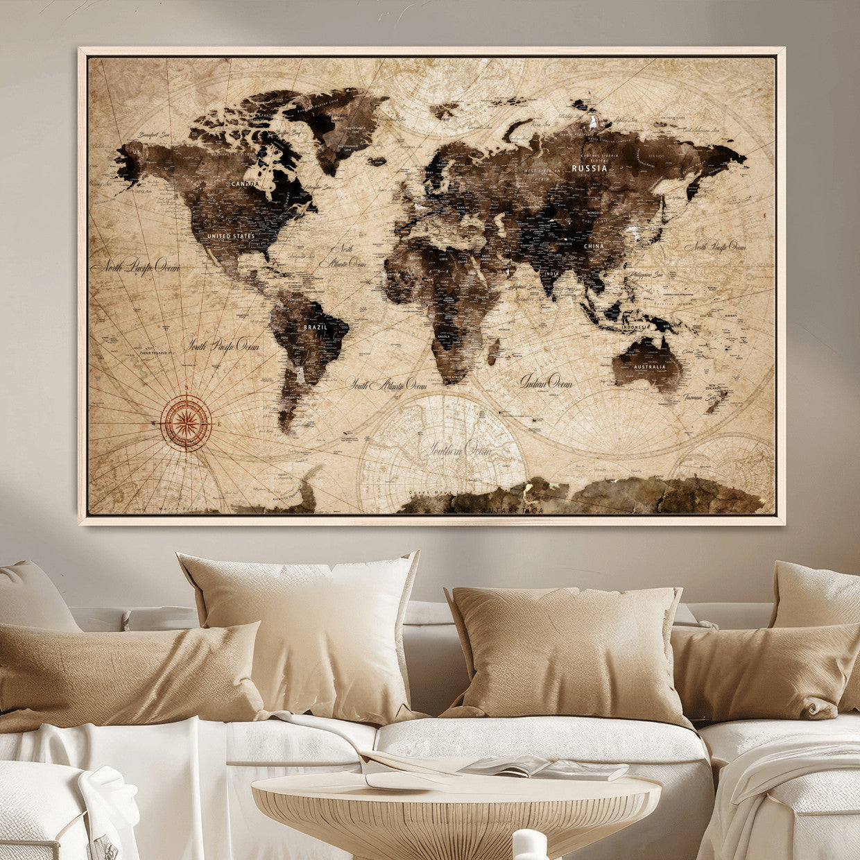 97114757-MGV-FC-36X24 - World Map Wall Art Canvas Print, Modern Decorative Framed Map Artwork Prints for Living Room, Office, Bedroom Wall Decor
