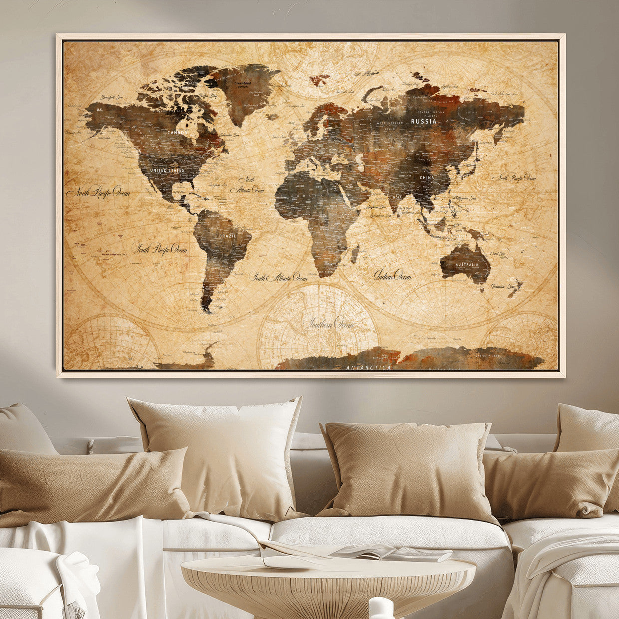 14542905-MGV-FC-36X24 - World Map Wall Art Canvas Print, Modern Decorative Framed Map Artwork Prints for Living Room, Office, Bedroom Wall Decor