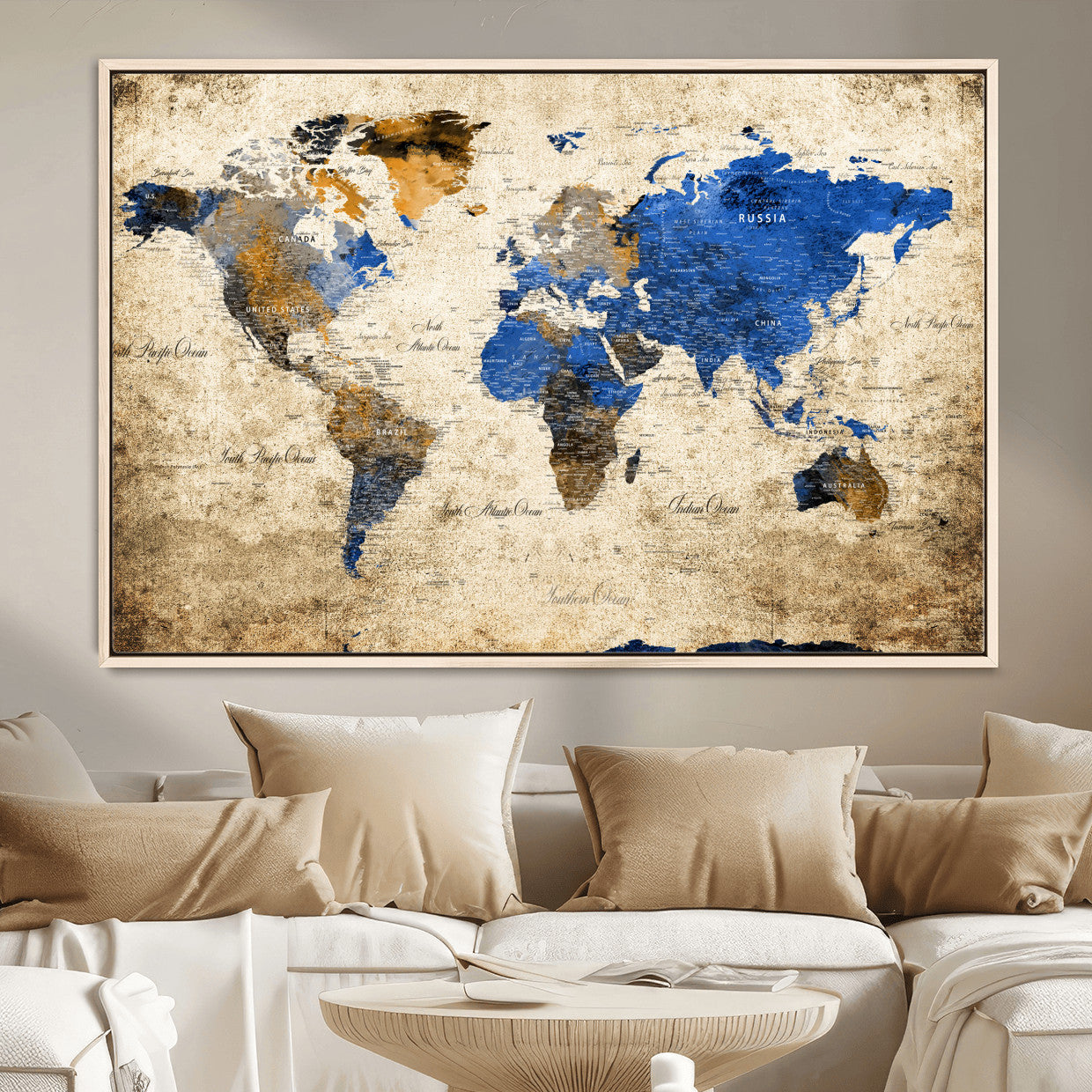 13564339-MGV-FC-36X24 - World Map Wall Art Canvas Print, Modern Decorative Framed Map Artwork Prints for Living Room, Office, Bedroom Wall Decor