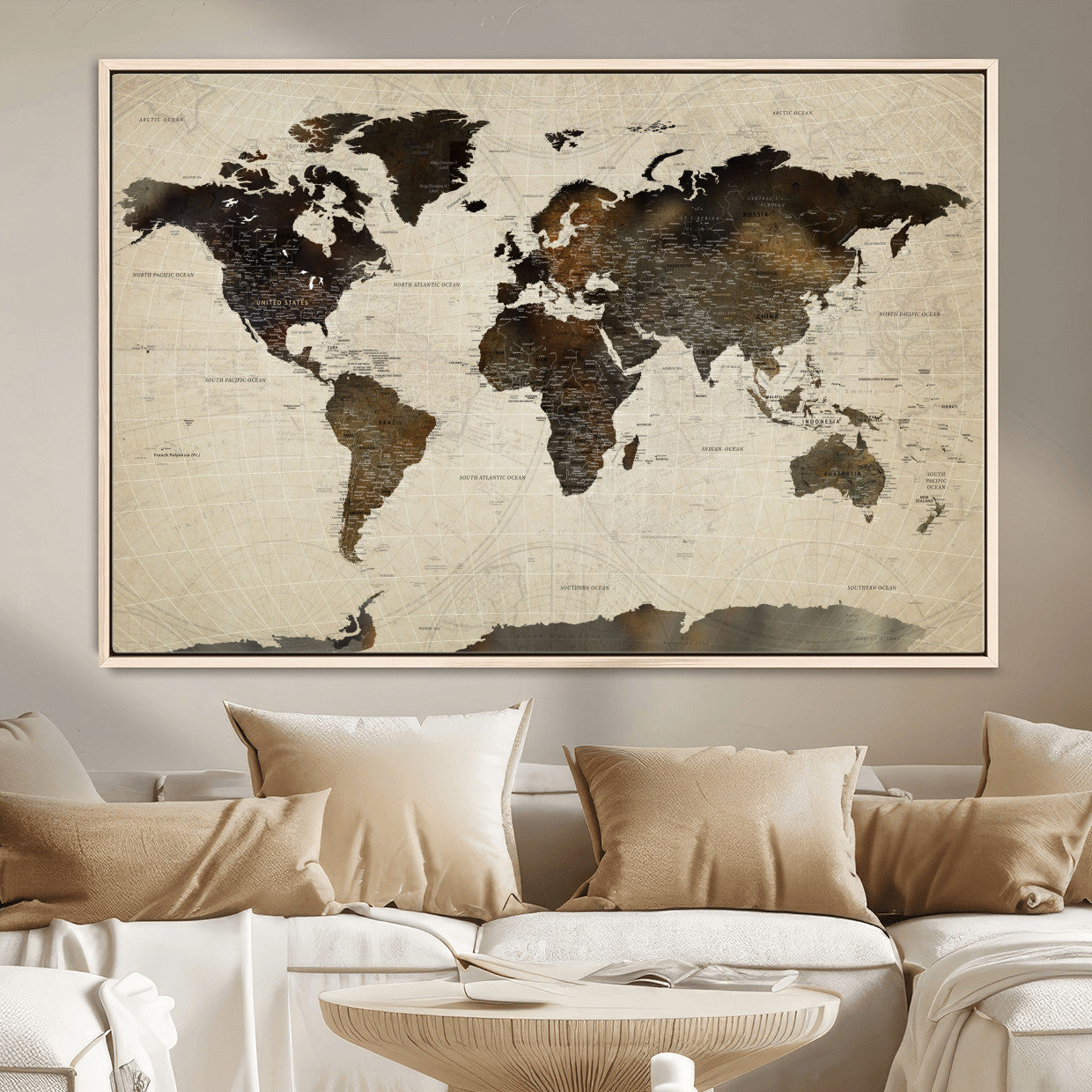 81771296-MGV-FC-36X24 - World Map Wall Art Canvas Print, Modern Decorative Framed Map Artwork Prints for Living Room, Office, Bedroom Wall Decor