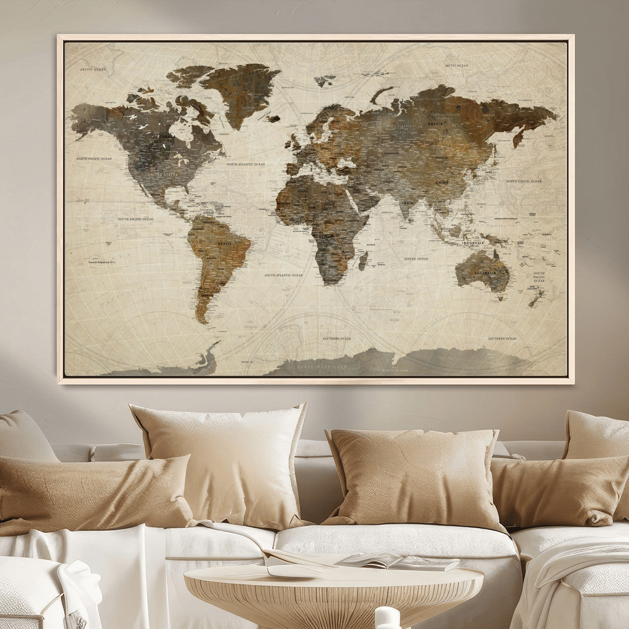 91849163-MGV-FC-36X24 - World Map Wall Art Canvas Print, Modern Decorative Framed Map Artwork Prints for Living Room, Office, Bedroom Wall Decor