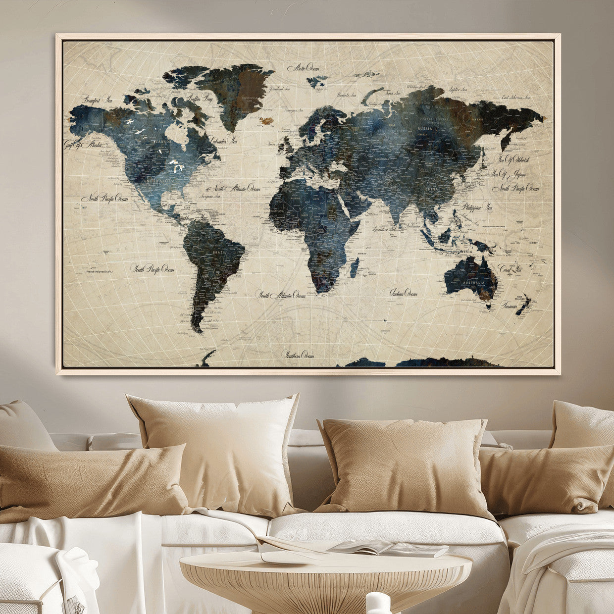 33438443-MGV-FC-36X24 - World Map Wall Art Canvas Print, Modern Decorative Framed Map Artwork Prints for Living Room, Office, Bedroom Wall Decor