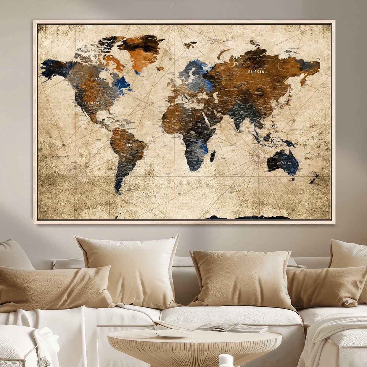56297284-MGV-FC-36X24 - World Map Wall Art Canvas Print, Modern Decorative Framed Map Artwork Prints for Living Room, Office, Bedroom Wall Decor