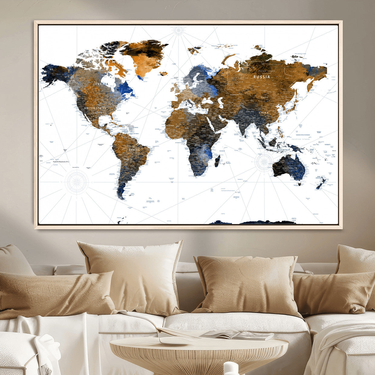 40862517-MGV-FC-36X24 - World Map Wall Art Canvas Print, Modern Decorative Framed Map Artwork Prints for Living Room, Office, Bedroom Wall Decor