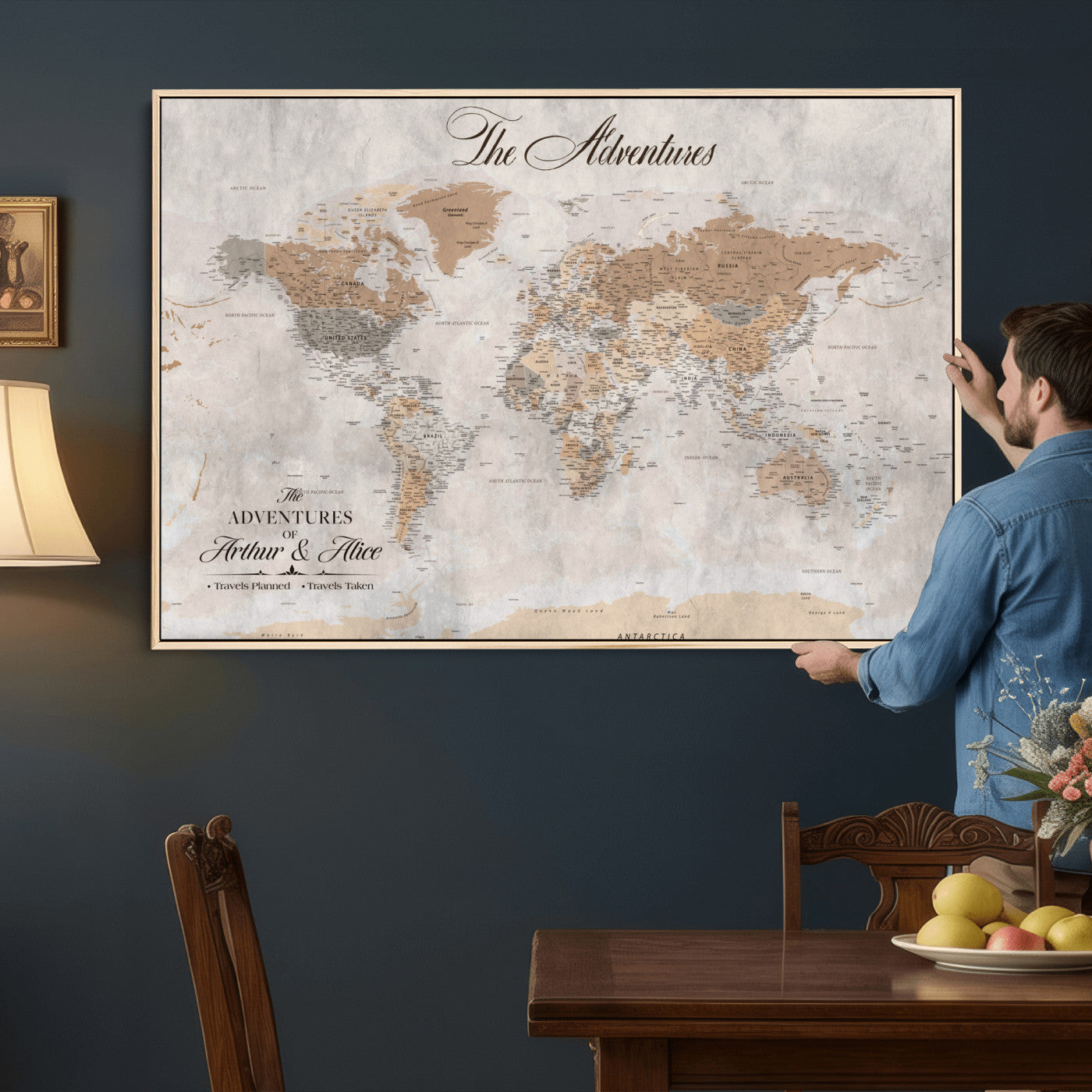 85771580-MGV-FC-36X24 - Custom Push Pin World Map Wall Art Canvas Print with Pins, Framed Personalize Travel Tracker Map, World Map for Living Room and Office Decor
