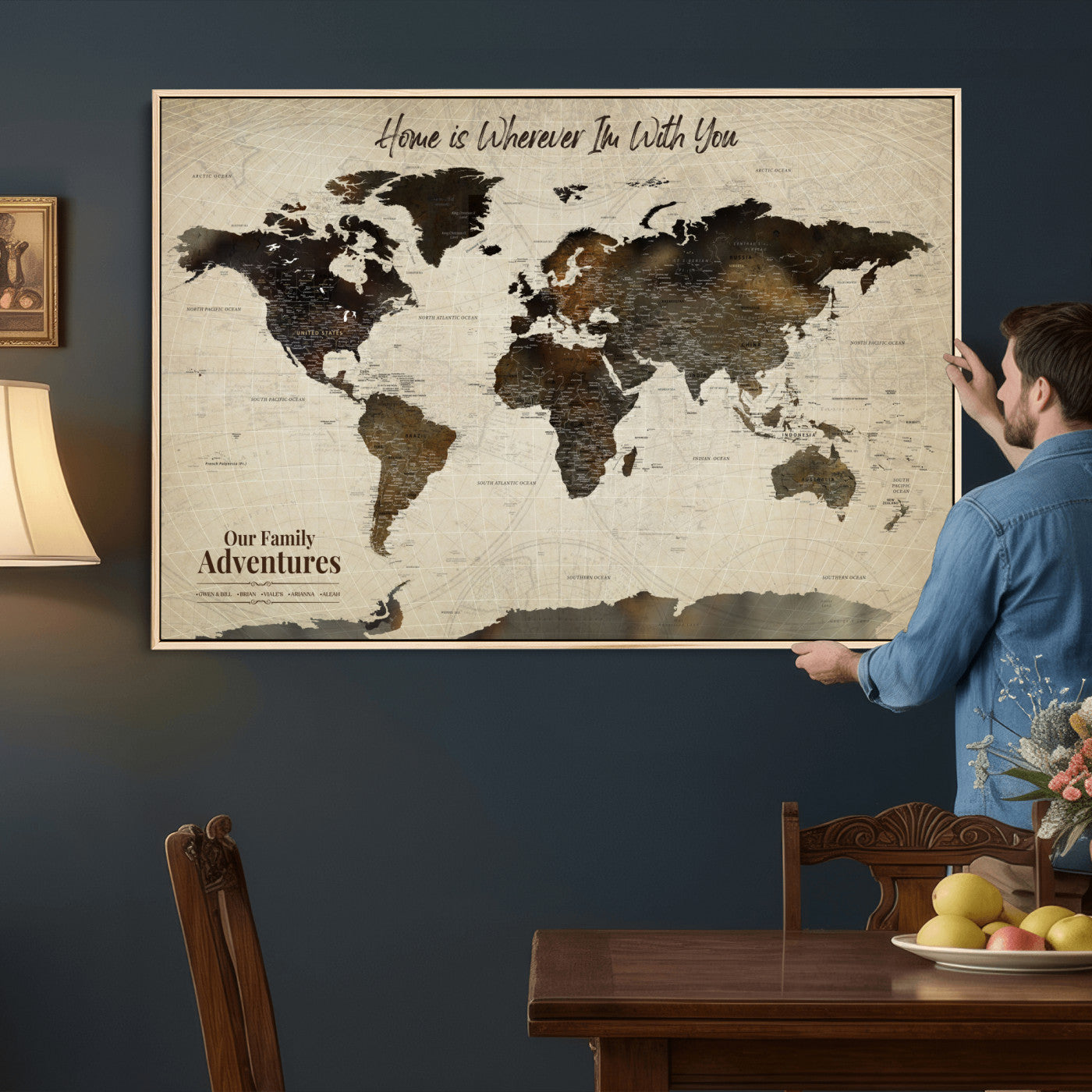 44658041-MGV-FC-36X24 - Customized Push Pin World Map Wall Art Canvas Print with Pins, Framed Personalize Travel Tracker Map, World Map for Living Room and Office Decor
