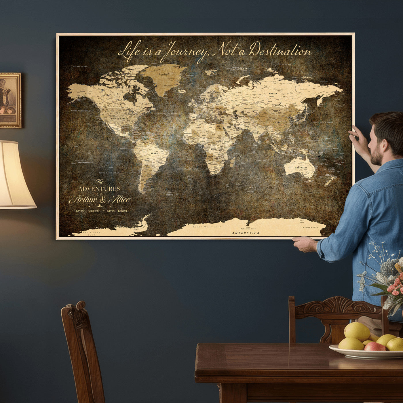 75877068-MGV-CV-36X24 - Custom Push Pin World Map Wall Art Canvas Print – Personalized Travel Tracker with Pins Framed Large for Home and Office Decor
