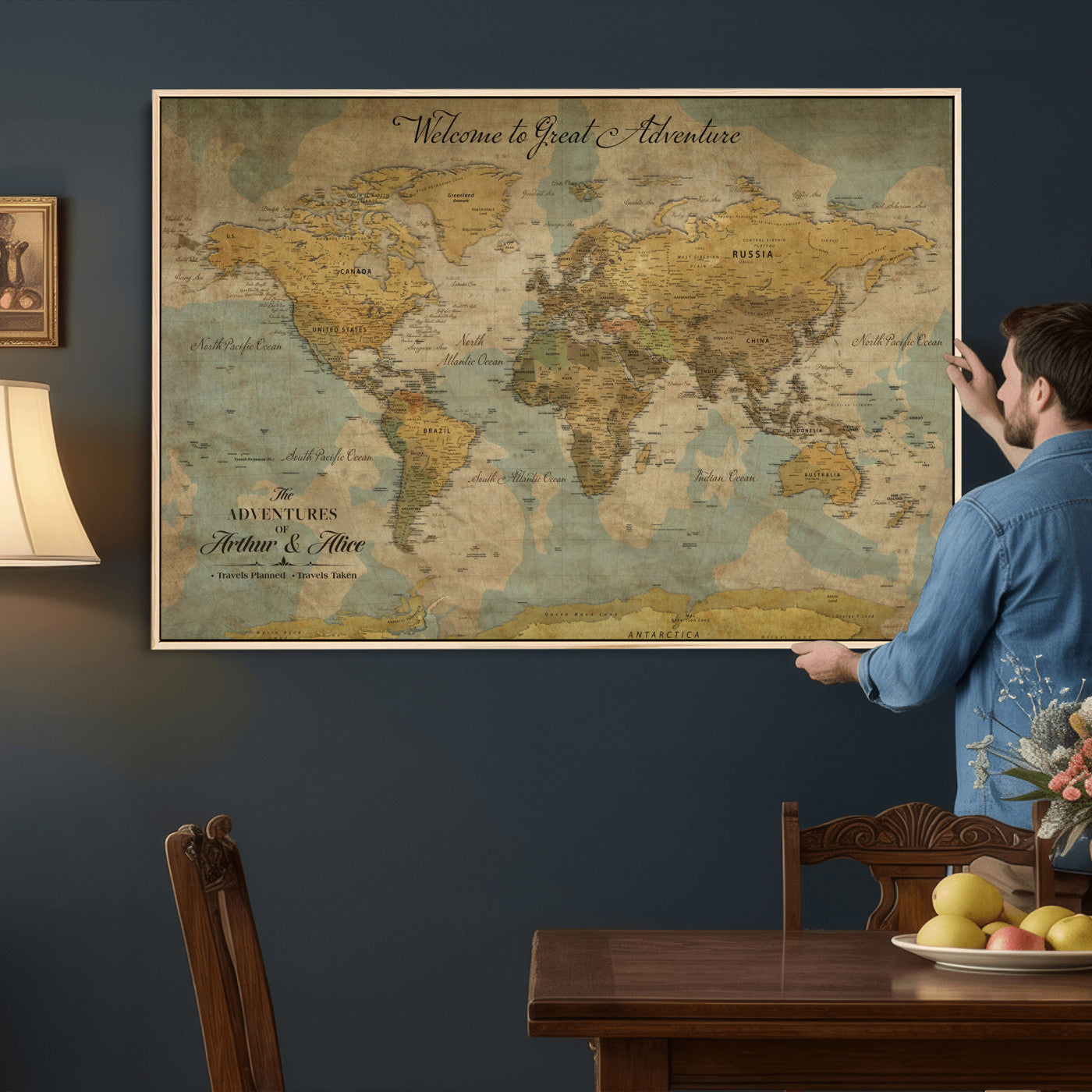 37903085-MGV-CV-36X24 - Custom Push Pin World Map Wall Art Canvas Print – Personalized Travel Tracker with Pins Framed Large for Home and Office Decor
