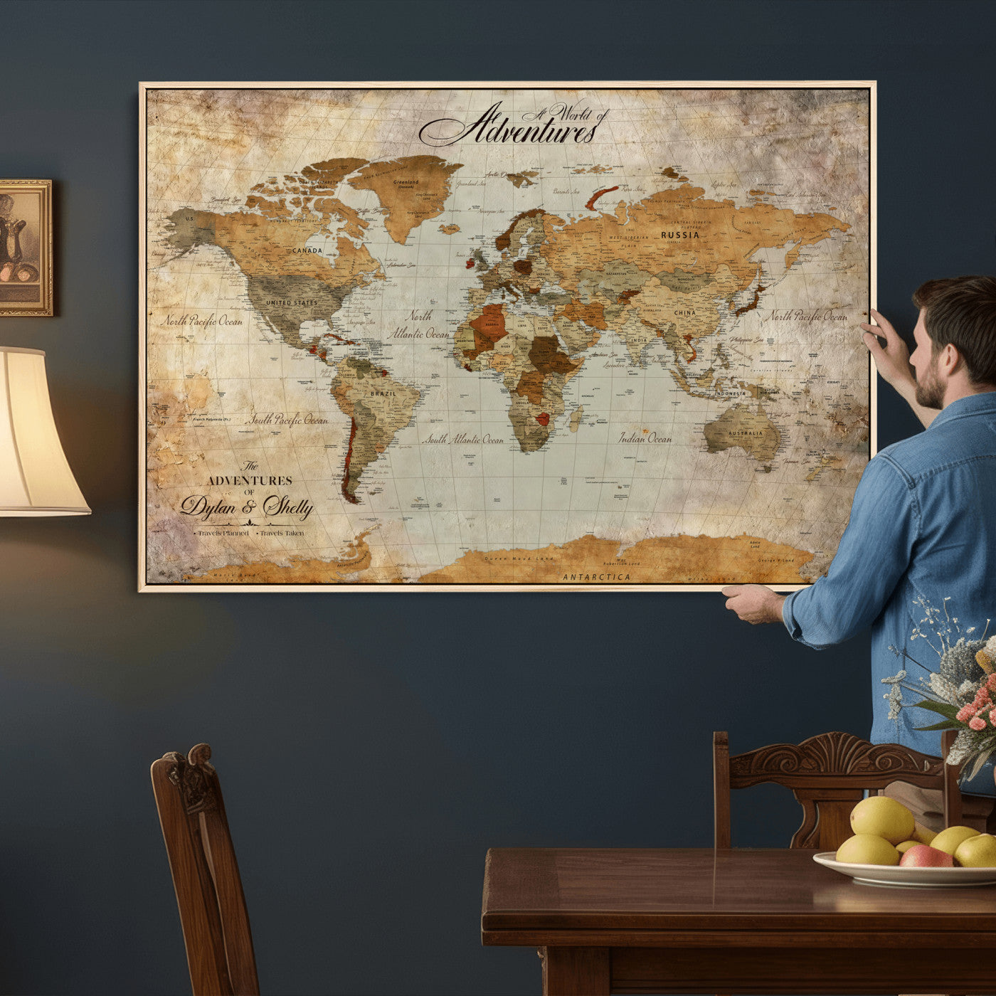 54461872-MGV-CV-36X24 - Custom Push Pin World Map Wall Art Canvas Print - Personalized Travel Tracker with Pins Framed Large for Home and Office Decor