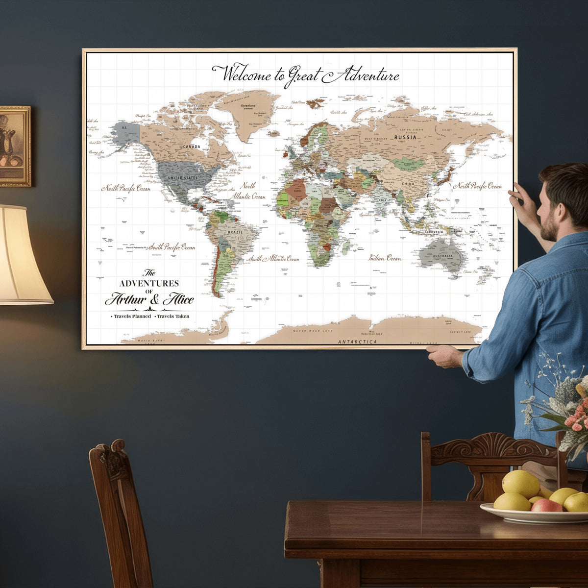 85396539-MGV-CV-36X24 - Custom Beige Push Pin World Map Wall Art, Bucket List Map, Study and Hallway Decor