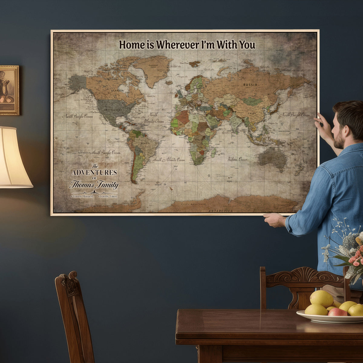 22593671-MGV-CV-36X24 - Personalized Beige Geometric World Map Canvas with Push Pins, Next Trip Planner Map, Study and Entryway Decor