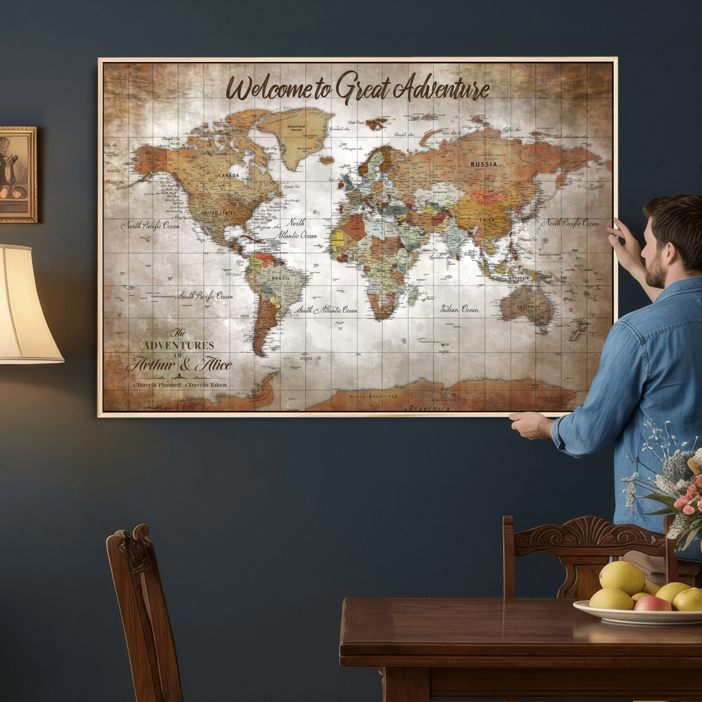 94821994-MGV-CV-36X24 - Custom Push Pin World Map Wall Art Canvas Print – Personalized Travel Tracker with Pins Framed Large for Home and Office Decor