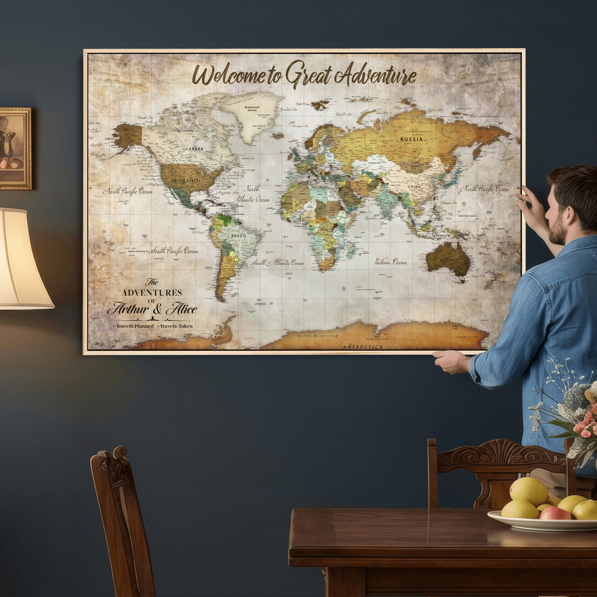 33043195-MGV-CV-36X24 - Personalized Beige World Travel Map Wall Art with Pins, Family Travel Tracker, Family Room and Study Decor