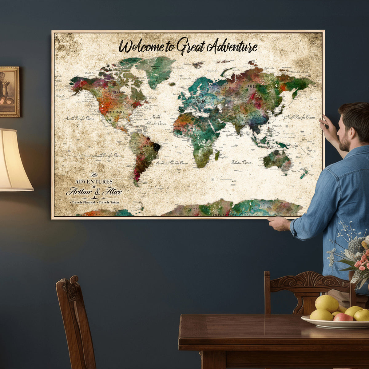 89225601-MGV-CV-36X24 - Personalized Beige Grunge World Map Canvas with Push Pins, Next Trip Planner Map, Family Room and Home Office Decor