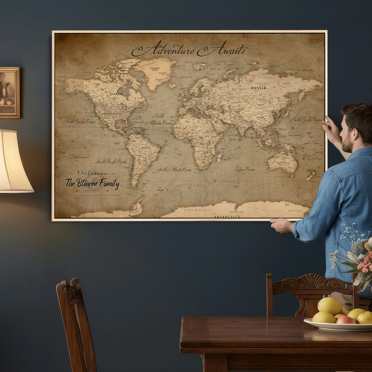 59418012-MGV-CV-36X24 - Personalized Framed Beige World Travel Map Wall Art with Pins, Family Travel Tracker, Family Room and Entryway Decor