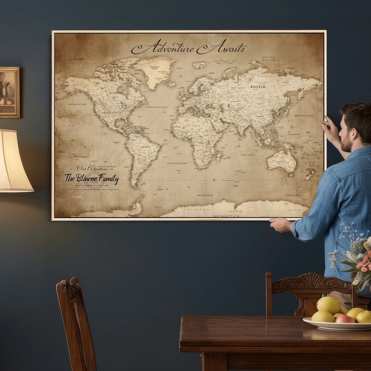 59757370-MGV-CV-36X24 - Personalized Black Modern Push Pin World Map Wall Art, Places Visited Tracker, Family Room and Bedroom Decor