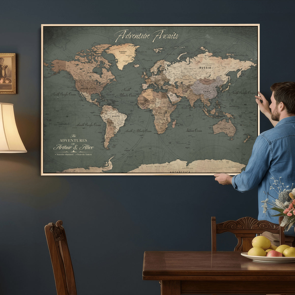 24734446-MGV-CV-36X24 - Personalized Framed Beige Modern World Map Canvas with Push Pins, Bucket List Map, Family Room and Dining Room Decor