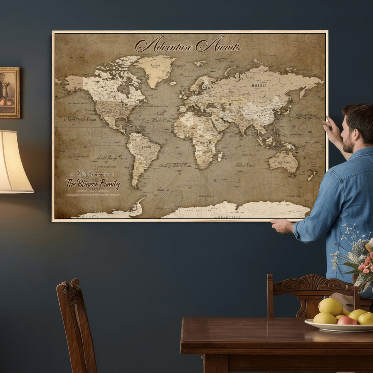 96775856-MGV-CV-36X24 - Custom Beige Modern Push Pin World Map Canvas Print, Family Travel Tracker, Dining Room and Home Office Decor