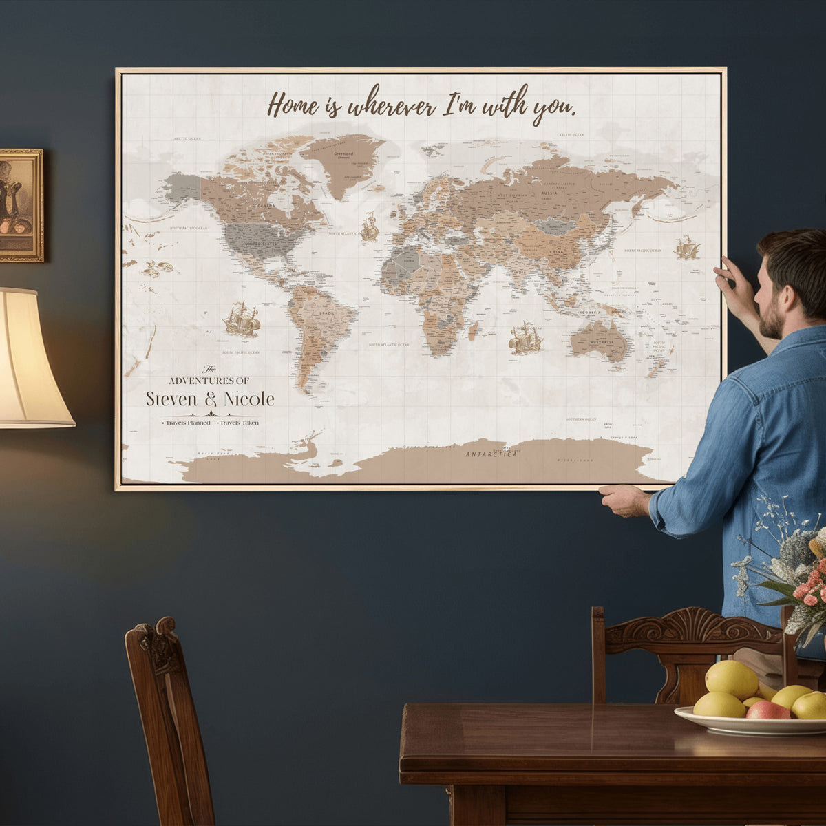 25831578-MGV-CV-36X24 - Custom Push Pin World Map Wall Art Canvas Print | Personalized Travel Tracker with Pins Framed Large for Home and Office Decor