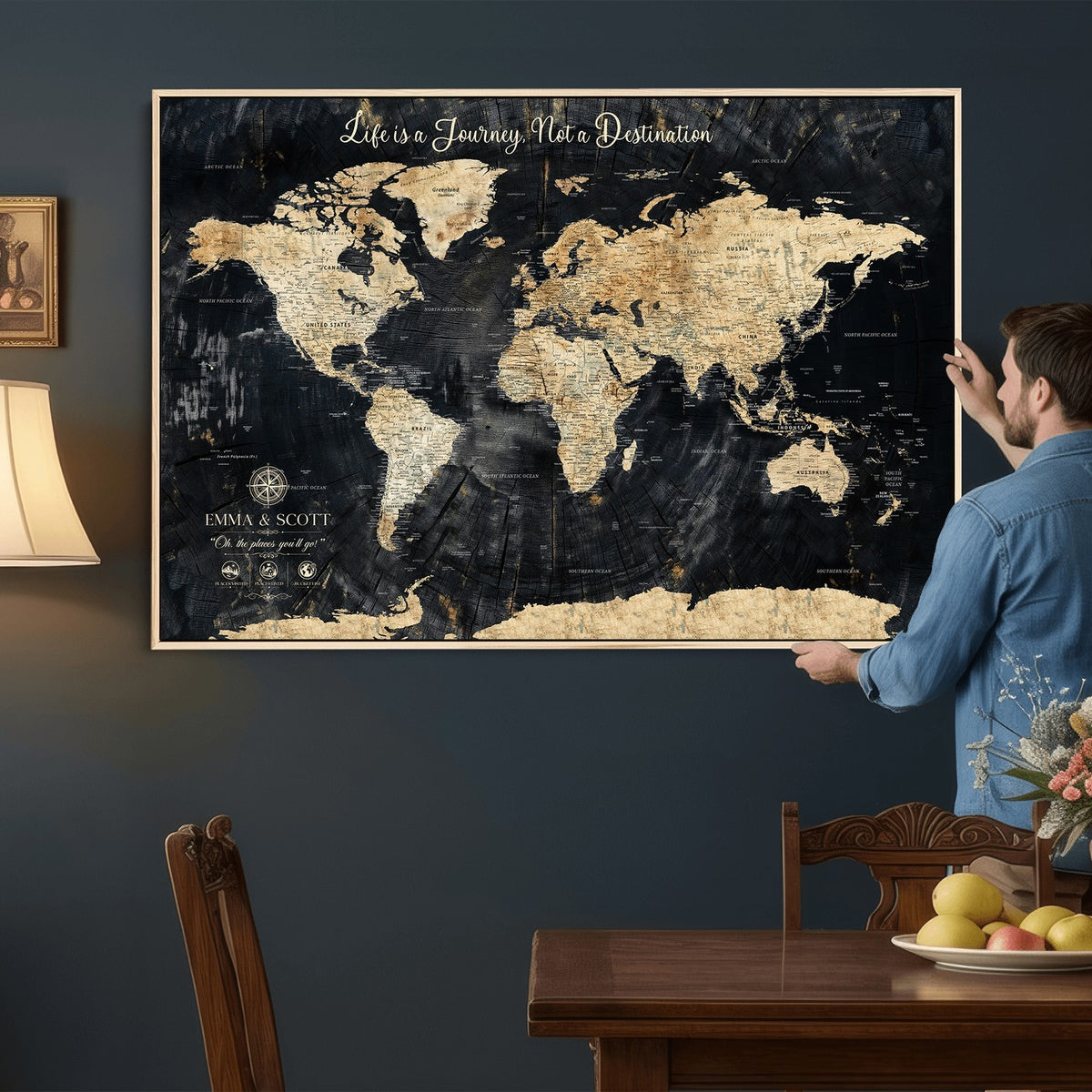 77472096-MGV-CV-36X24 - Custom Black Modern Push Pin World Map Wall Art, Next Trip Planner Map, Home Office and Entryway Decor