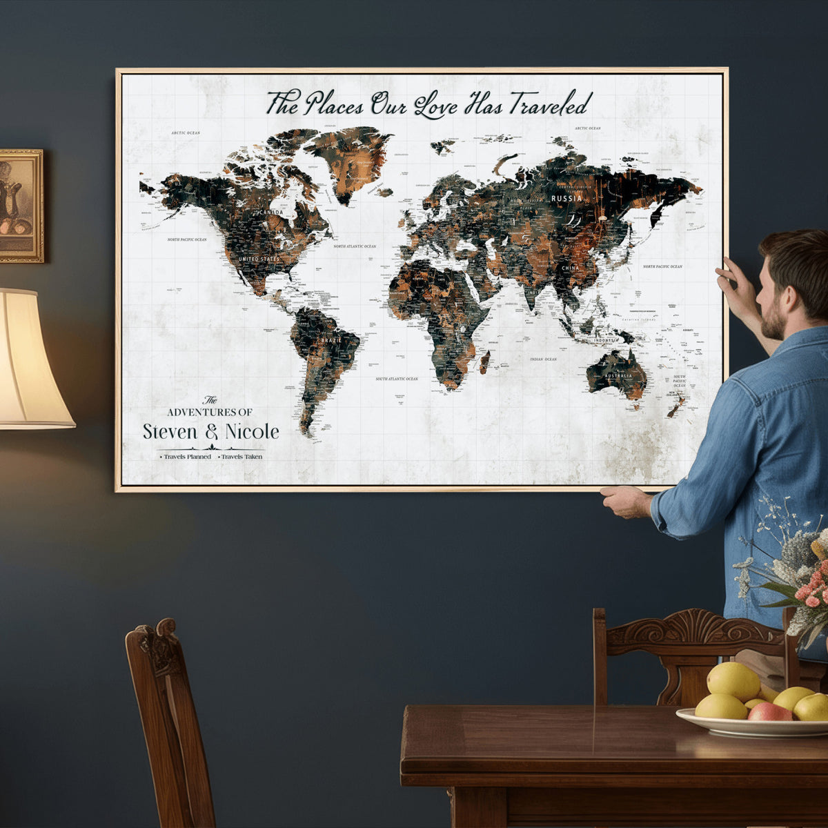29090064-MGV-CV-36X24 - Personalized Beige Push Pin World Map Canvas Print, Honeymoon and Anniversary Gift, Living Room and Dining Room Decor