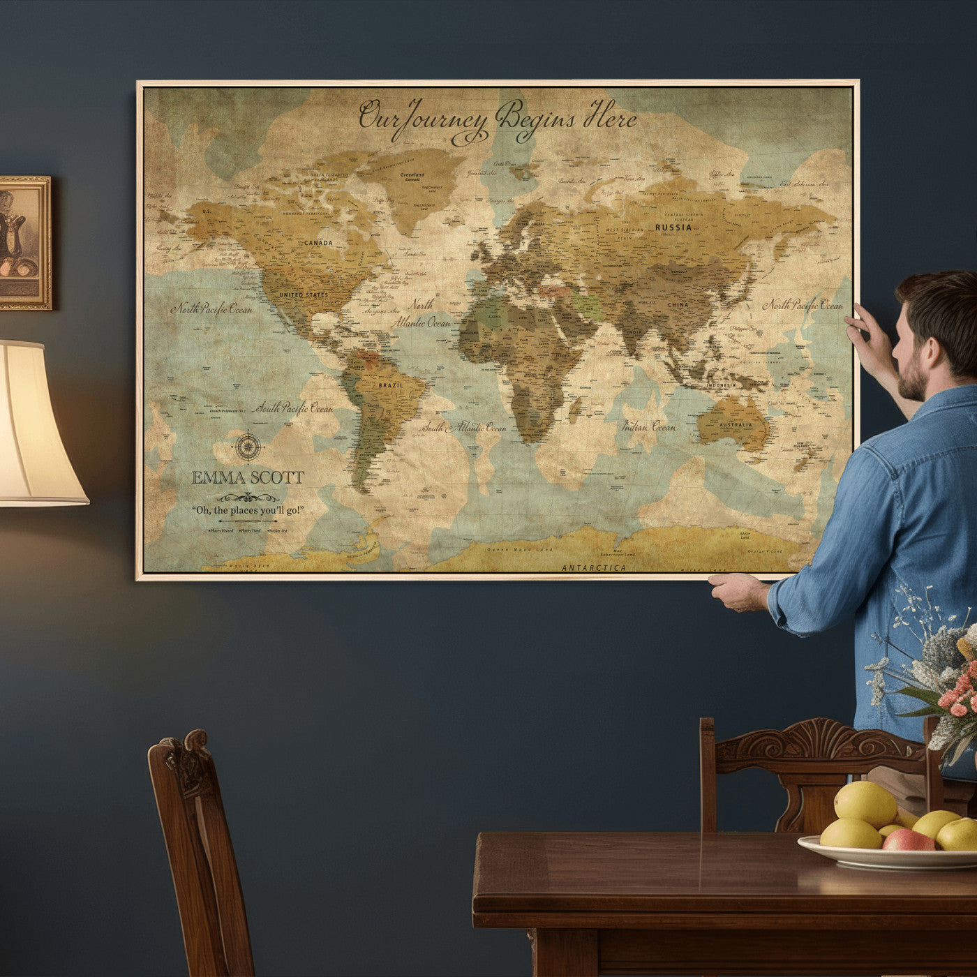 66550749-MGV-CV-36X24 - Custom Push Pin World Map Wall Art Canvas Print – Personalized Travel Tracker with Pins Framed Large for Home and Office Decor