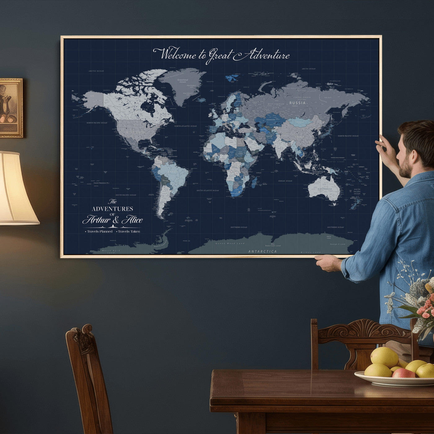 51673389-MGV-CV-36X24 - Custom Push Pin World Map Wall Art Canvas Print – Personalized Travel Tracker with Pins Framed Large for Home and Office Decor