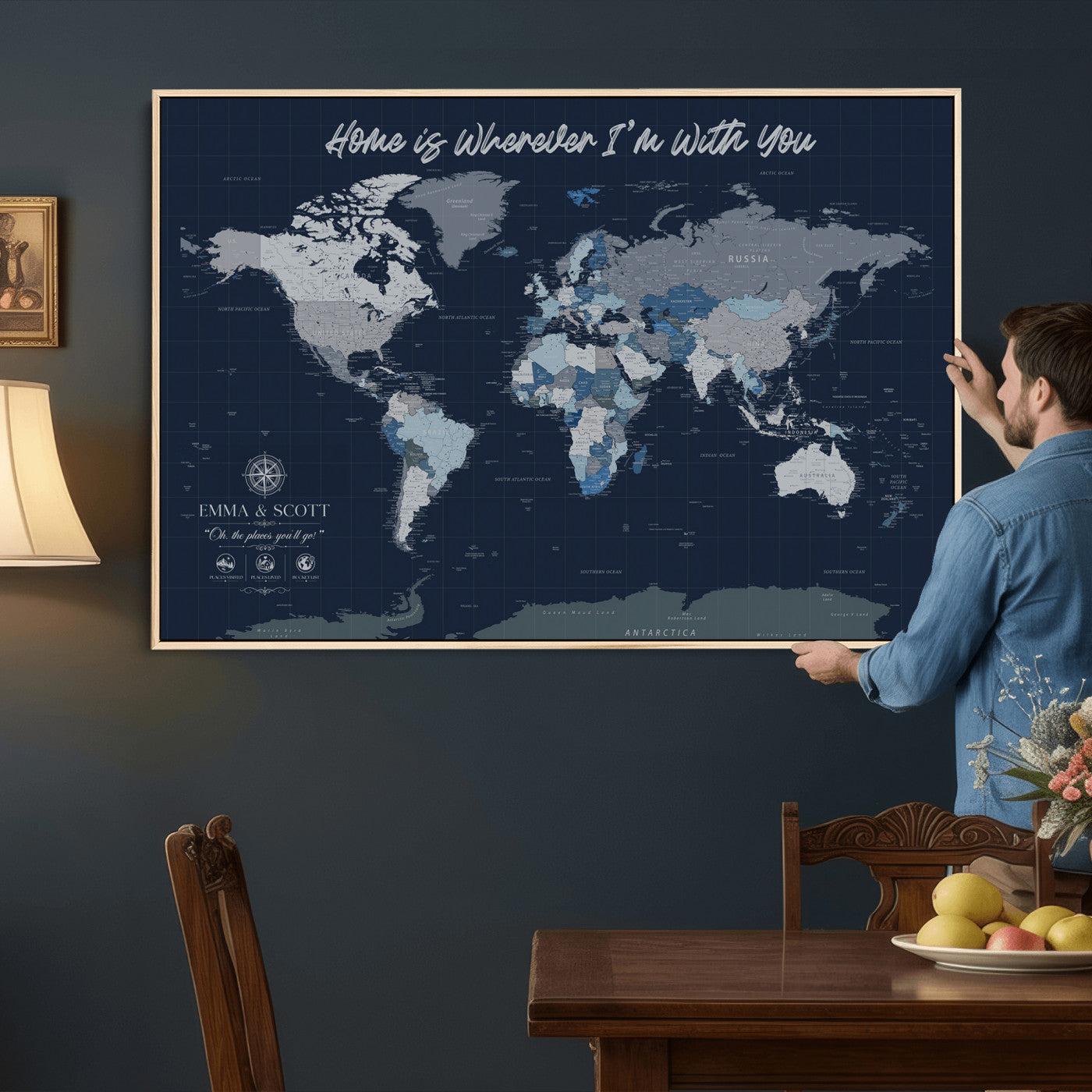 NEWMAP-18-MGV-CV-36X24 - Custom Push Pin World Map Wall Art Canvas Print – Personalized Travel Tracker with Pins Framed Large Print - NEWMAP-18