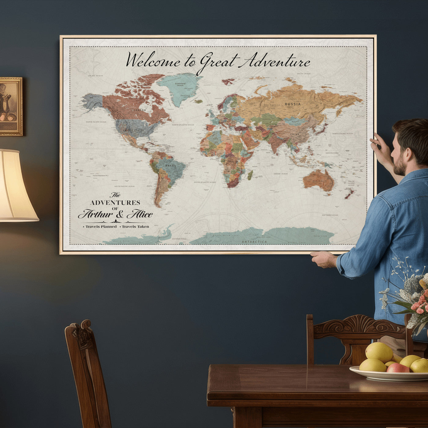 32470528-MGV-CV-36X24 - Custom Push Pin World Map Wall Art Canvas Print – Personalized Travel Tracker with Pins Framed Large for Home and Office Decor