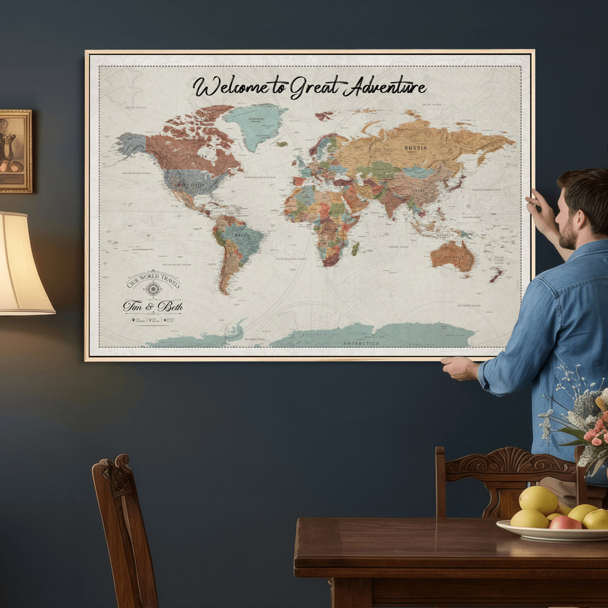 NEWMAP-19-MGV-CV-36X24 - Custom Push Pin World Map Wall Art Canvas Print | Personalized Travel Tracker with Pins - NEWMAP-19