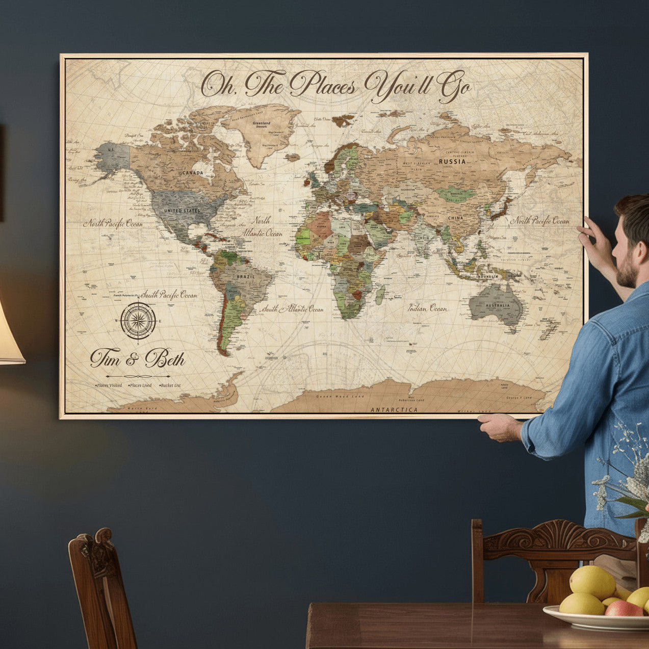 72027187-MGV-CV-36X24 - Custom Push Pin World Map Wall Art Canvas Print – Personalized Travel Tracker with Pins Framed Large for Home and Office Decor