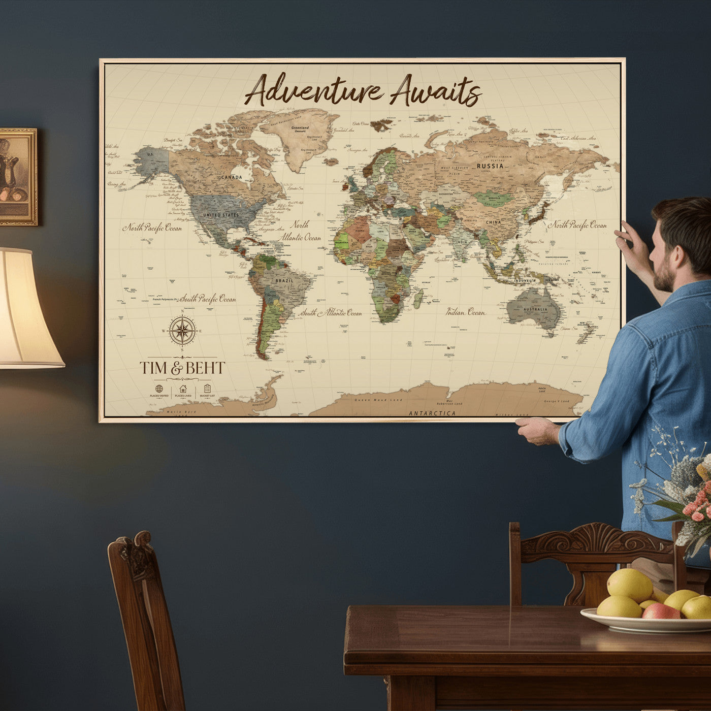72027187-MGV-CV-36X24 - Custom Push Pin World Map Wall Art Canvas Print – Personalized Travel Tracker with Pins Framed Large for Home and Office Decor