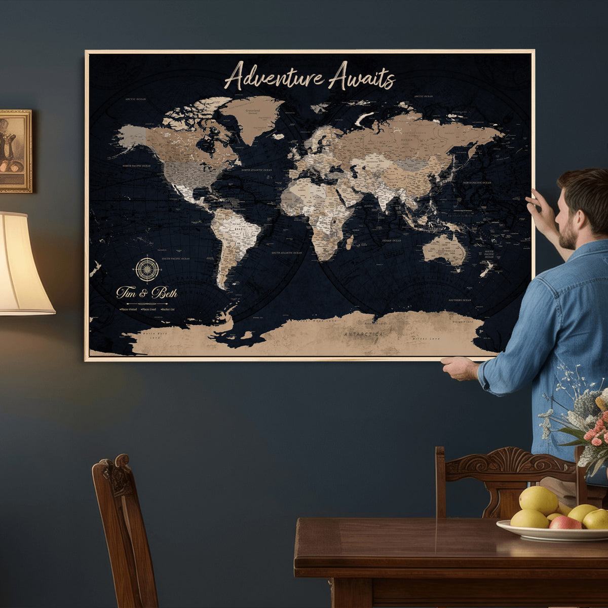 66938317-MGV-CV-36X24 - Custom Push Pin World Map Wall Art Canvas Print | Personalized Travel Tracker with Pins Framed Large for Home and Office Decor