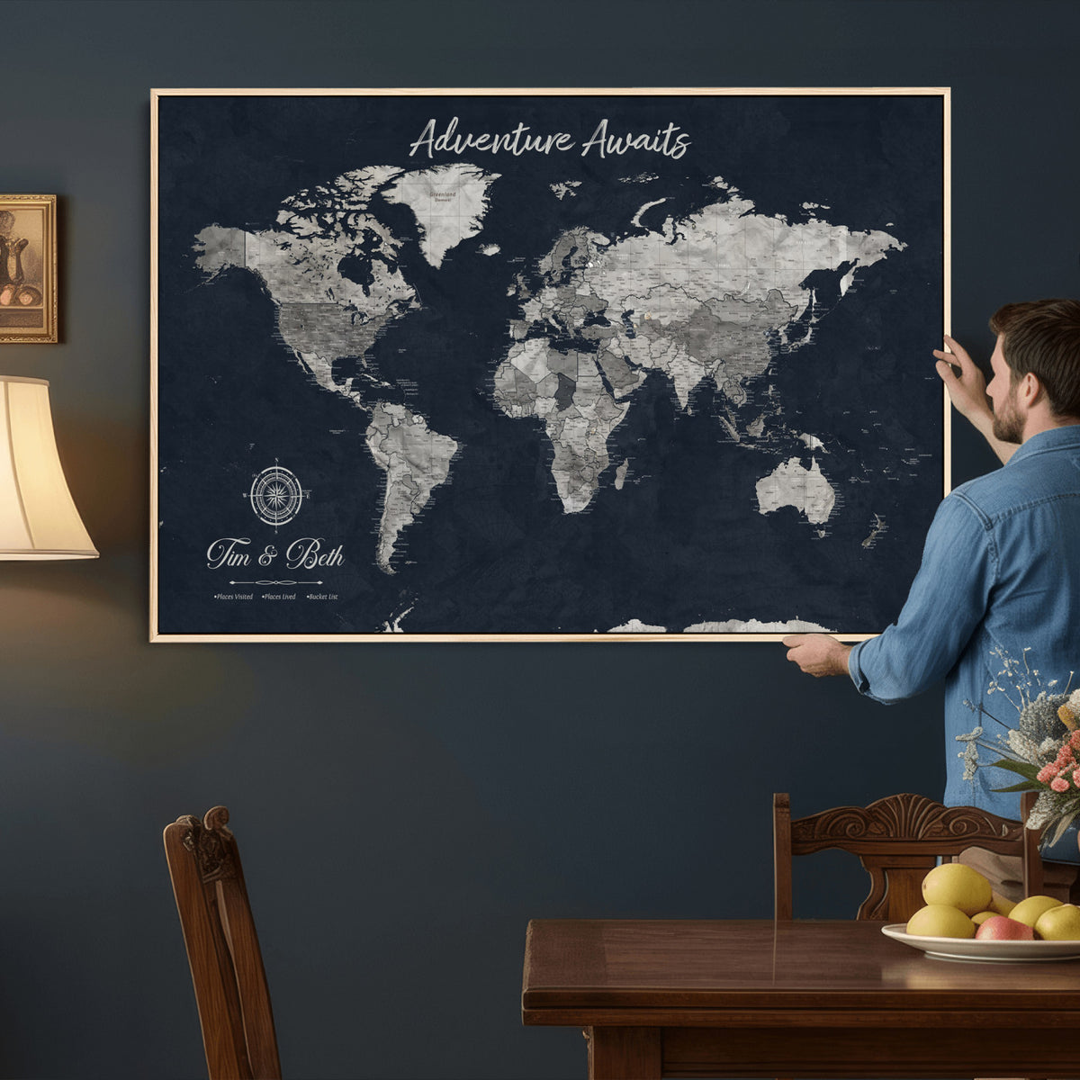 32031089-MGV-CV-36X24 - Custom Push Pin World Map Wall Art Canvas Print | Personalized Travel Tracker with Pins Framed Large for Home and Office Decor