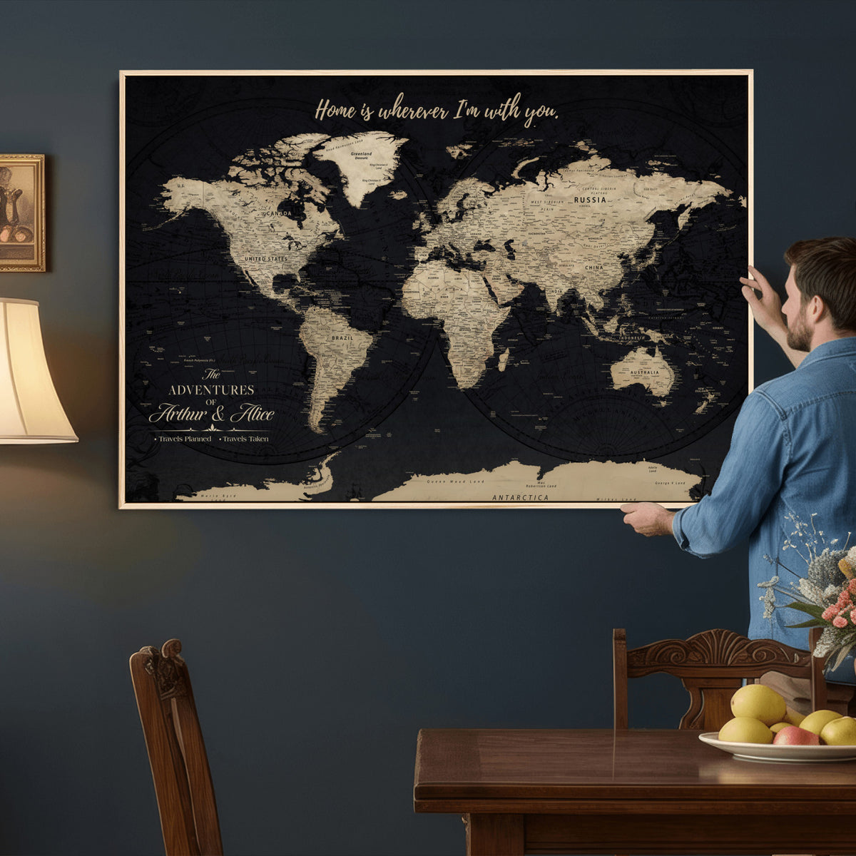 31416046-MGV-CV-36X24 - Custom Framed Beige Vintage Push Pin Travel Map Canvas Print, Honeymoon and Anniversary Gift, Study and Hallway Decor