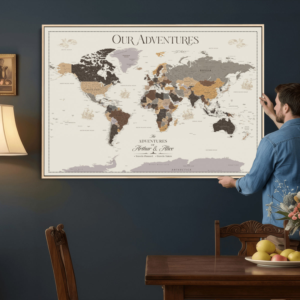 66301646-MGV-CV-36X24 - Custom Push Pin World Map Wall Art Canvas Print | Personalized Travel Tracker with Pins Framed Large for Home and Office Decor