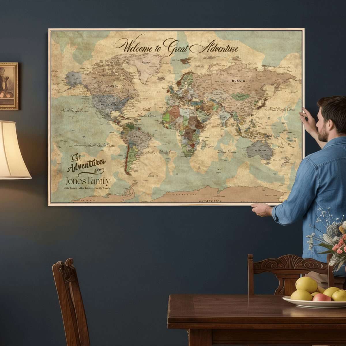 38092909-MGV-CV-36X24 - Personalized Framed Navy Vintage Push Pin World Map Wall Art, Places Visited Tracker, Bedroom and Hallway Decor