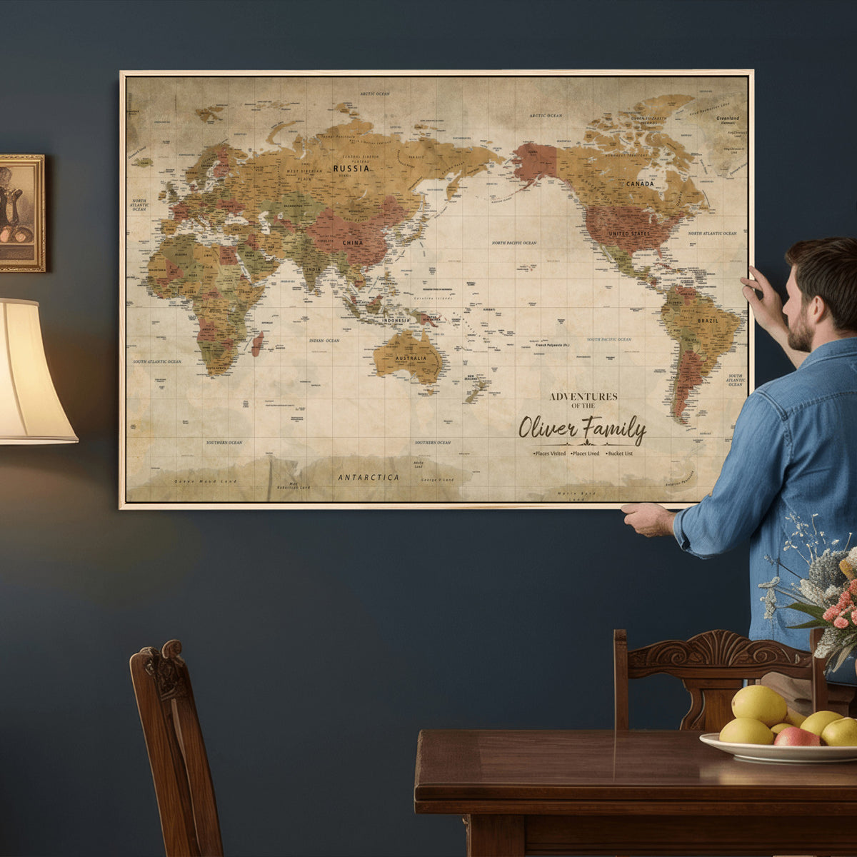 19347393-MGV-CV-36X24 - Personalized Framed Navy Modern World Map Canvas with Push Pins, Bucket List Map, Living Room and Entryway Decor